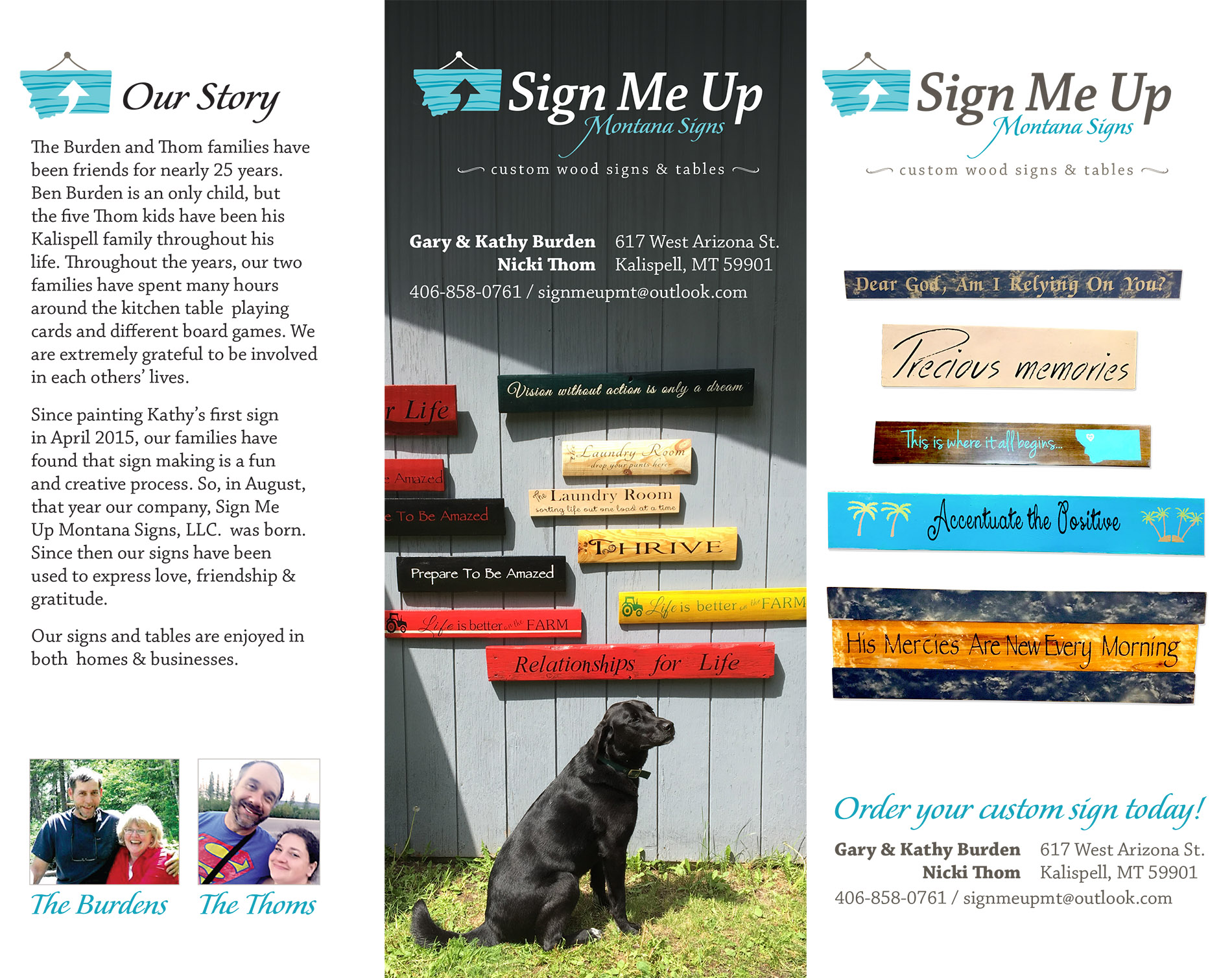 logo and brochure design images with people and dog and wood-shop