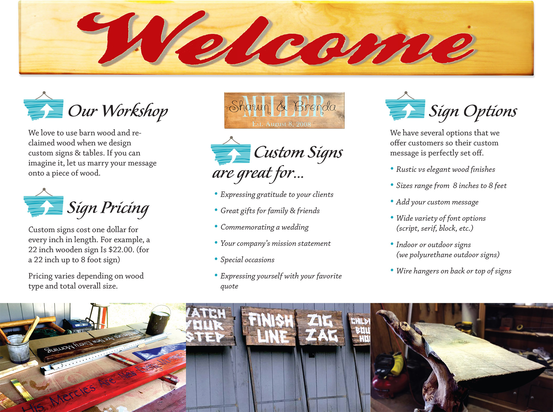 logo and branding image with wooden sign and color swatches